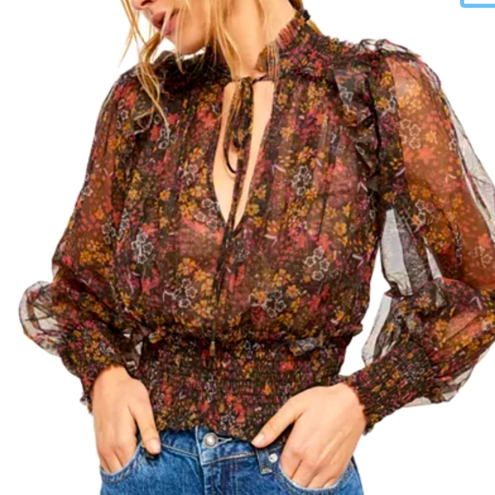 FREE PEOPLE 
Twyla Smocked Floral Mesh Top
